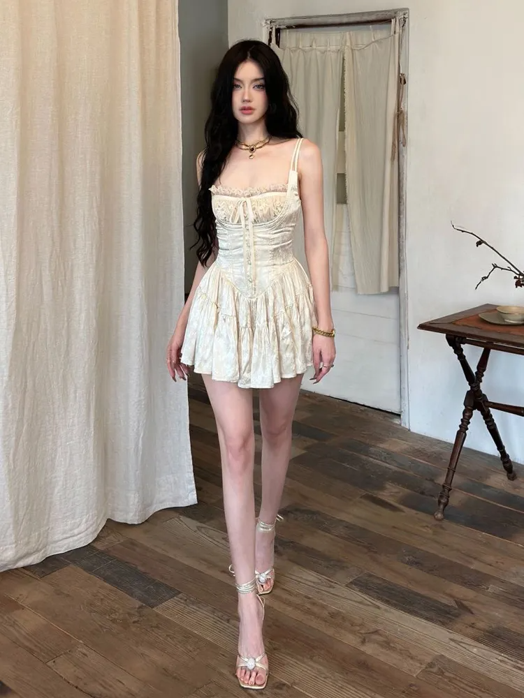 loveedsTM - Sexy Solid White Stitching Lace Bra Corset style Spaghetti Strap Mini Dress Women Backless Party Skater Short Sling Robe