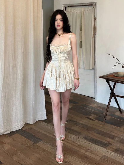 loveedsTM - Sexy Solid White Stitching Lace Bra Corset style Spaghetti Strap Mini Dress Women Backless Party Skater Short Sling Robe