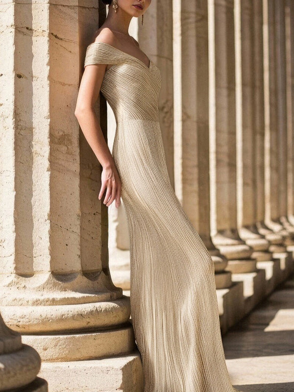 Prom Party Gold Gown V-Neck Off-Shoulder Maxi Dress