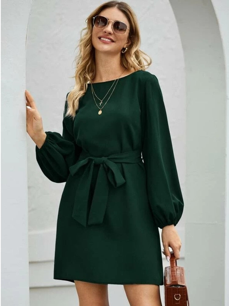 loveedsTM-Women Midi Dress Fashion Comfortable Atmosphere Drawstring Lantern Sleeve Mini A-line Skirt Dress Summer New