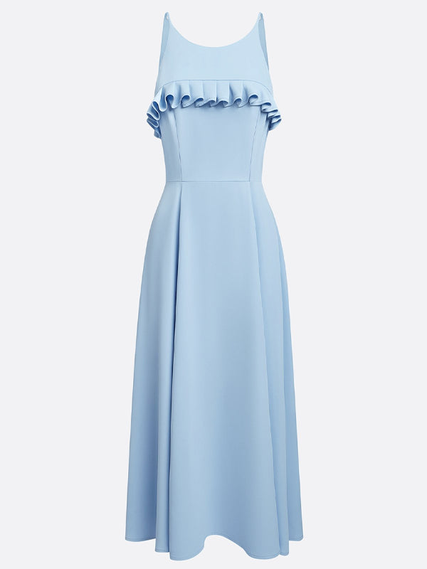 Light Blue Peplum Classic Spaghetti Sleeveless A-Line Midi Dress