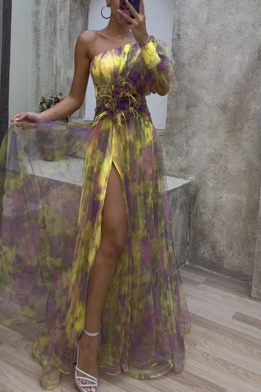 loveedsTM-Sexy off-shoulder one-shoulder long-sleeved floral dress