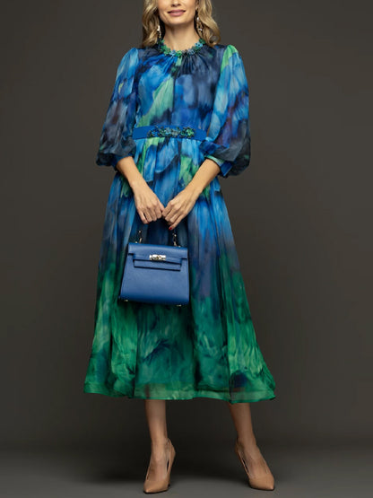 Crew Neck Printed Chiffon Midi Dress