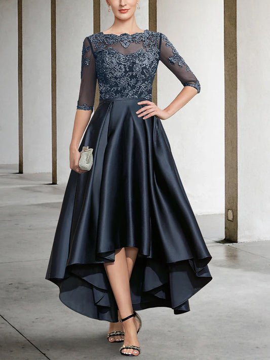 Round Neck Lace Solid Color Midi Dress