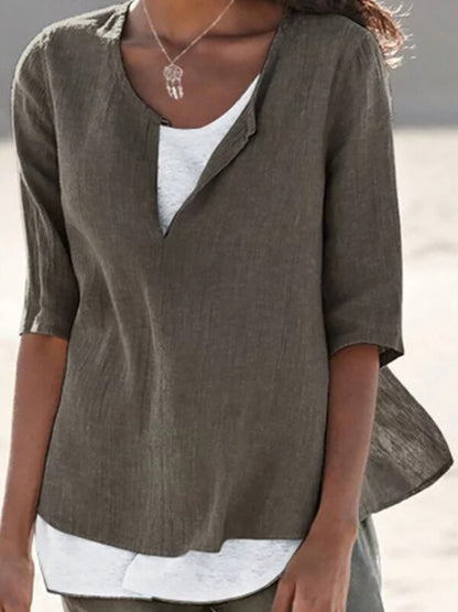 Solid Color Cotton And Linen Women's Shirt