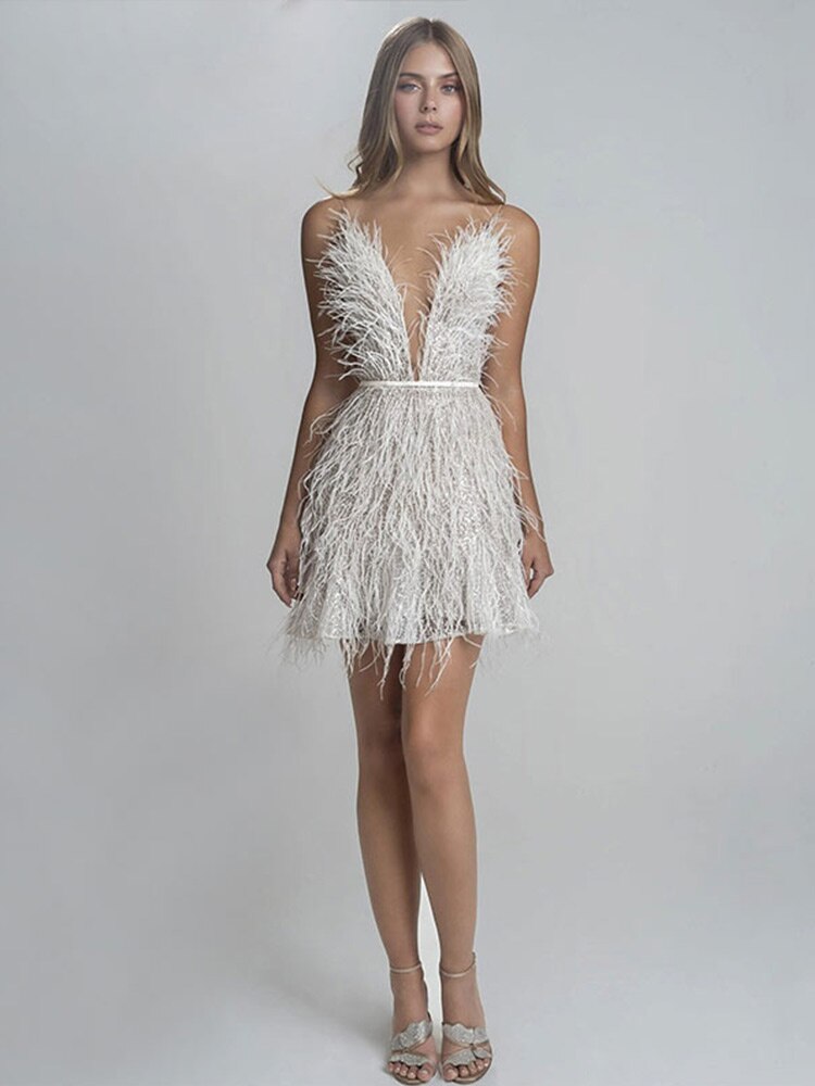 loveedsTM-Sexy Feather Spaghetti Strap Dress Women Summer Deep V-Neck Female Mini Dresses Fashion Evening Party Club Elegant Lady Dresses