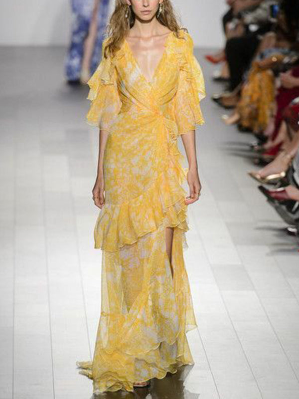 Yellow V-neck Print Maxi Dress