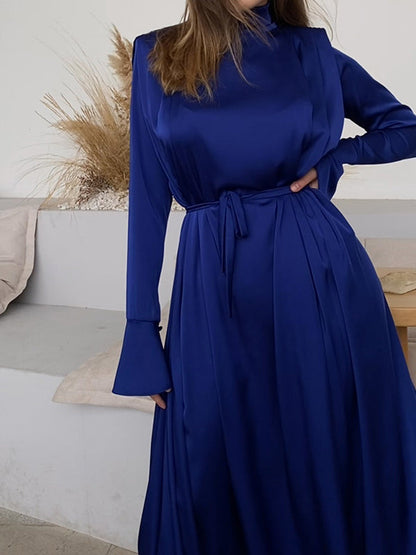 loveedsTM- Flared Sleeves Long Sleeves Solid Color High-Neck Maxi Dresses