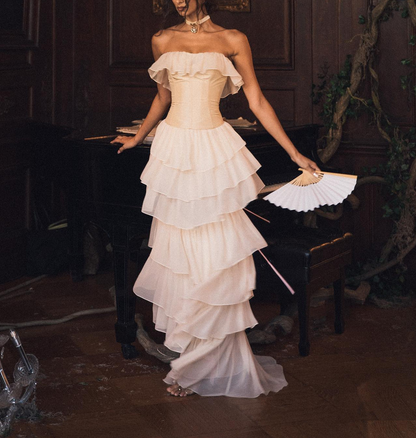 Vintage A line Strapless White Chiffon Long Prom Dresses P1771