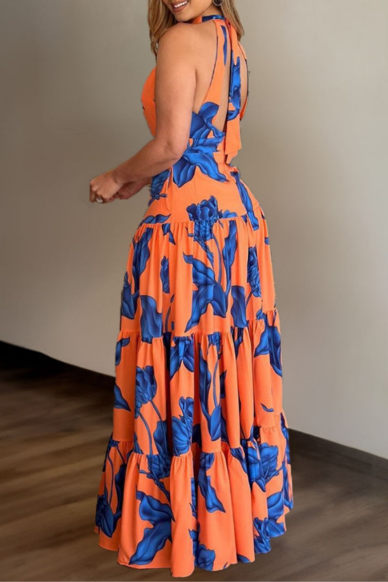 loveedsTM-Casual Print Backless Halter Long Dress Dresses