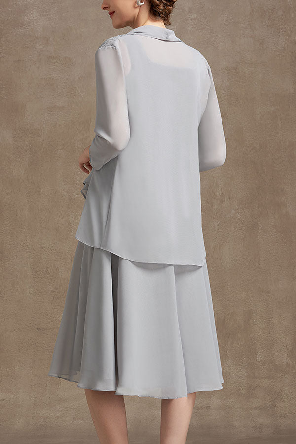 A-Line Square Neckline Knee-Length Chiffon Lace Mother of the Bride Dress