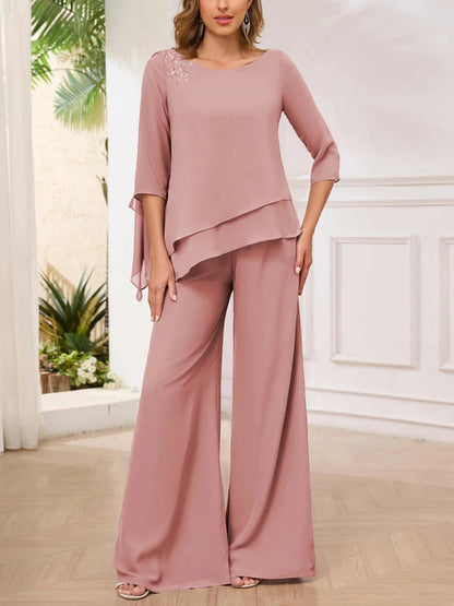 Asymmetrical Scoop Appliques Mother of the Bride & Groom Pantsuit