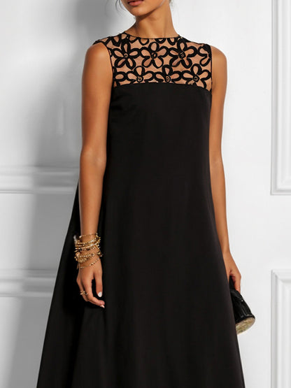 Hollow Solid Color Split-Joint Round-Neck Maxi Dress