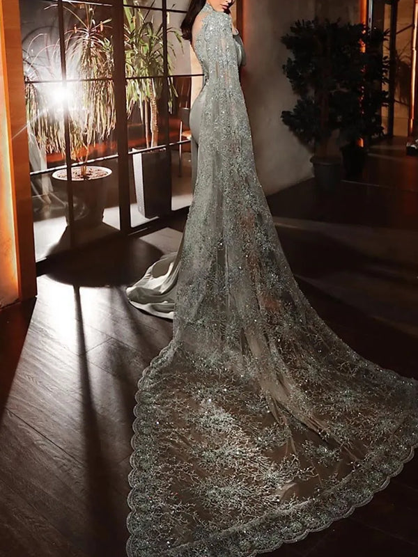 Mermaid High Neck Satin Ruffle Gown