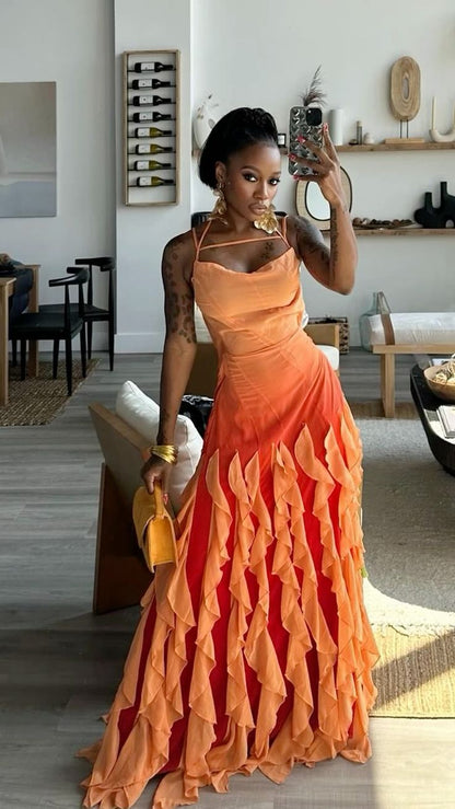 Pink/Orange/Green Gradient Spaghetti Straps Fashion Elegant Long Ruffle Chiffon Ball Gown Evening Dress Party Dress gh3252