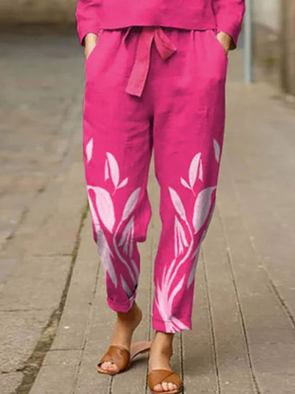 Relaxed Rose Print Loose Crew Neck Two-Piece Sets