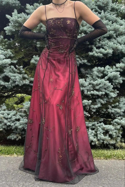 Vintage A Line Spaghetti Strap Beaded Black Chiffon Burgundy Satin Prom Dress Graduation Prom Dress SH2598