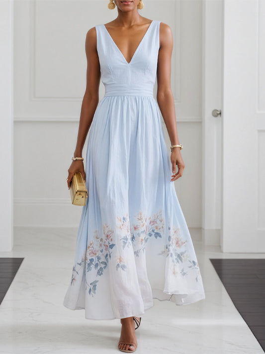 V-neck Sleeveless Printed Maxi Dress