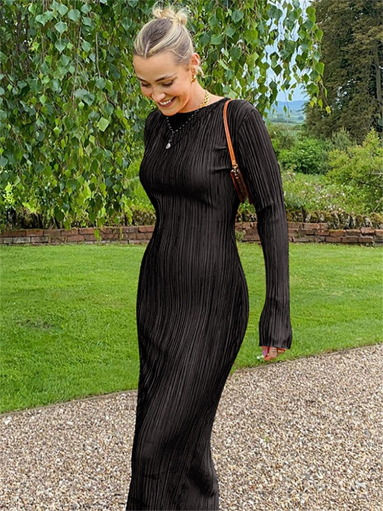 loveedsTM- New Knitted Bodycon Dress Fairy Grunge Casual Fashion Streetwear Women Autumn Y2K Solid O-neck Long Sleeve Maxi Dresses