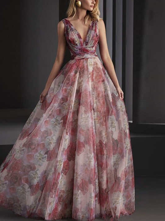 Pink V-neck Chiffon Print Maxi Dress