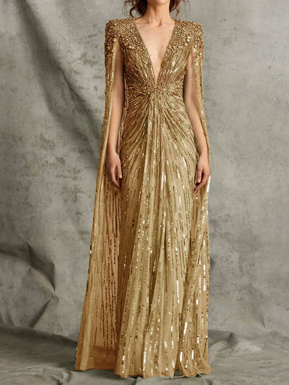 Deep V Beading Cape Sleeve Dress