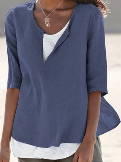 Solid Color Cotton And Linen Women's Shirt