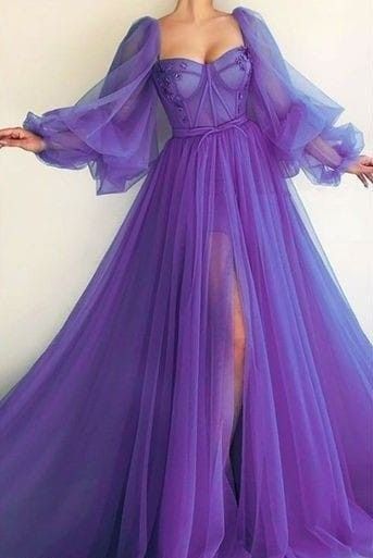 Purple puff sleeves long sleeves long ball gown evening dress gh1075