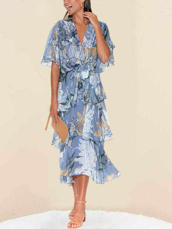 Comfortable Printed Tiered Chiffon Women's Dress