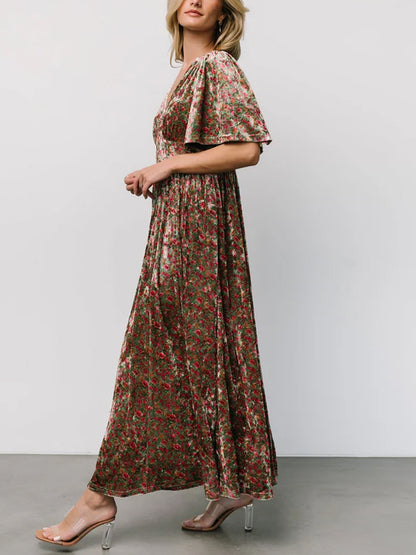 V-neck Corduroy Print Maxi Dress