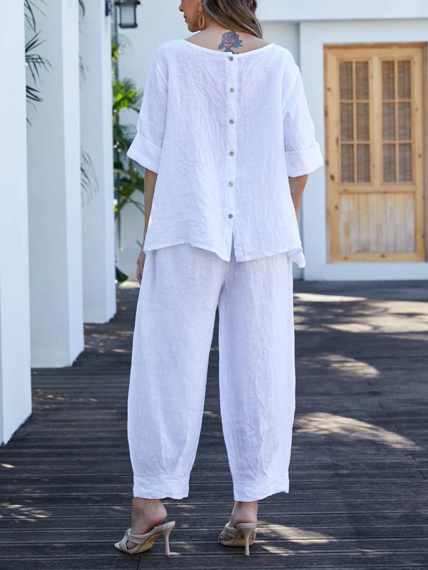 Round Neck Casual Cotton and Linen Women's Suit