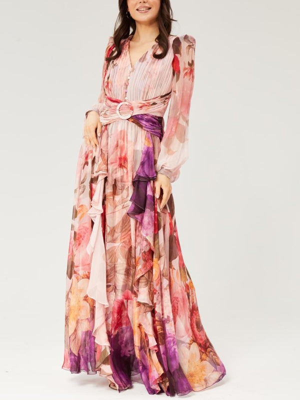 V-neck Colorful Printed Chiffon Maxi Dress