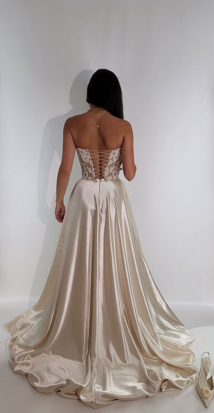 Elegant A Line Strapless Lace Satin Long Prom Dress Evening Dress SH2554