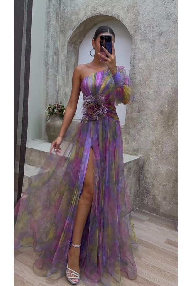 loveedsTM-Sexy off-shoulder one-shoulder long-sleeved floral dress