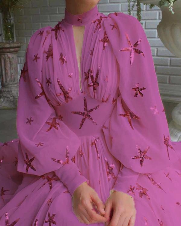 loveedsTM-Star Sequin Lantern Sleeve Chiffon Slit Dress