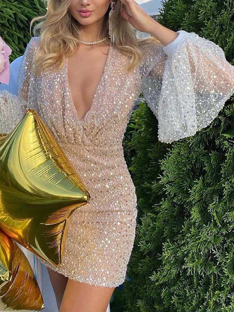 loveedsTM-Sexy Bright Sequin Lantern Long Sleeve Dress Summer Fashion Slim Nightclub Party Dresses Female V Neck Bodycon Mini Robe