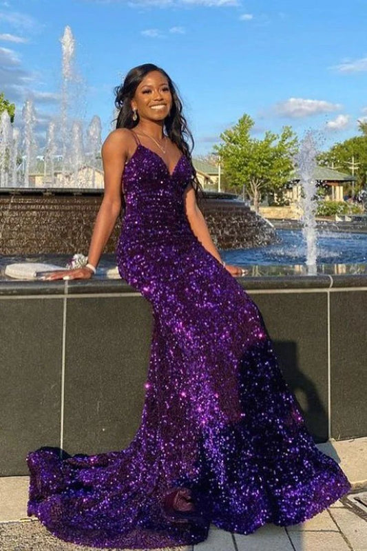 Purple Fashion Sexy Shiny Backless Long Floor Length Train Sequined Ball Gown, Evening Gown, Party Dress gh3927