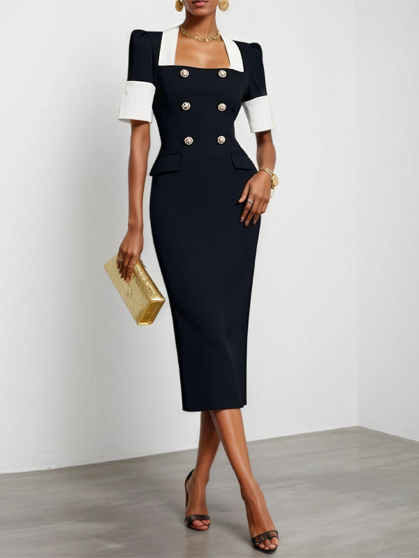 Black Buckle Blazer Square Neck Short Sleeve Sheath Midi Dress