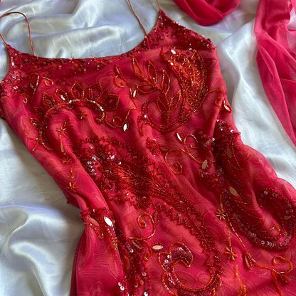 Red fashion elegant exquisite beaded spaghetti straps long ruffled chiffon ball gown evening dress party dress gh3477