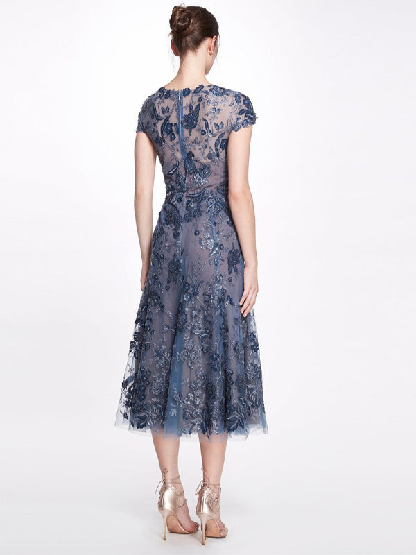 Round Neck Mesh Lace Midi Dress