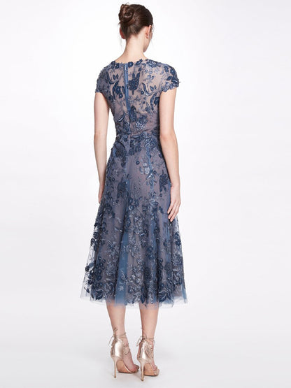 Round Neck Mesh Lace Midi Dress