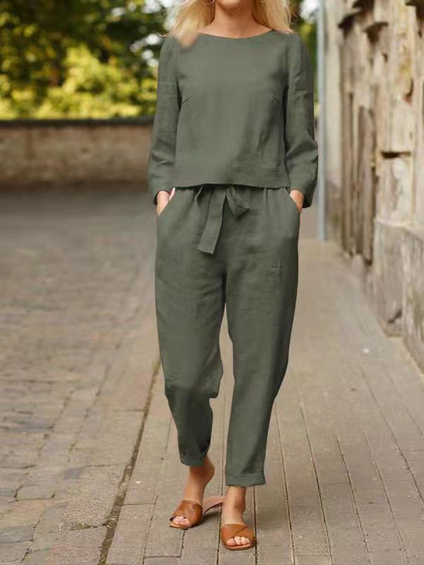 Autumn Solid Color Top and Tie Trousers Suit