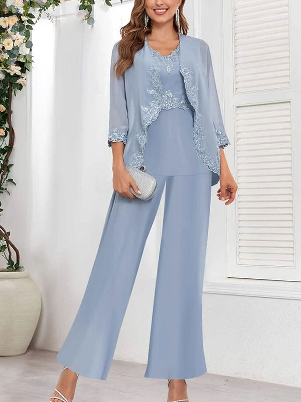 Pantsuit Mother of the Bride Dress Elegant Simple Scoop Neck Floor Length Polyester Long Sleeve with Solid Color