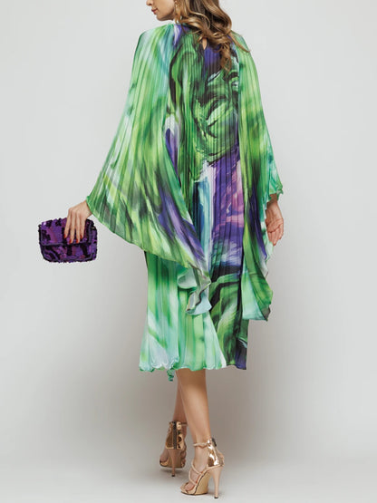 Pleated Elegant Chiffon Color Matching Ladies Dress