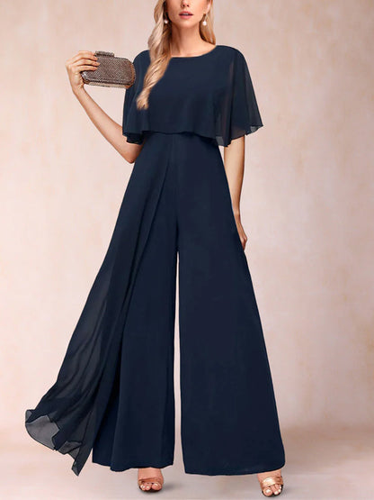Round Neck Solid Chiffon Jumpsuit