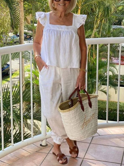 Ruffle Sleeves Simple Cotton Linen Vacation Ladies Sets