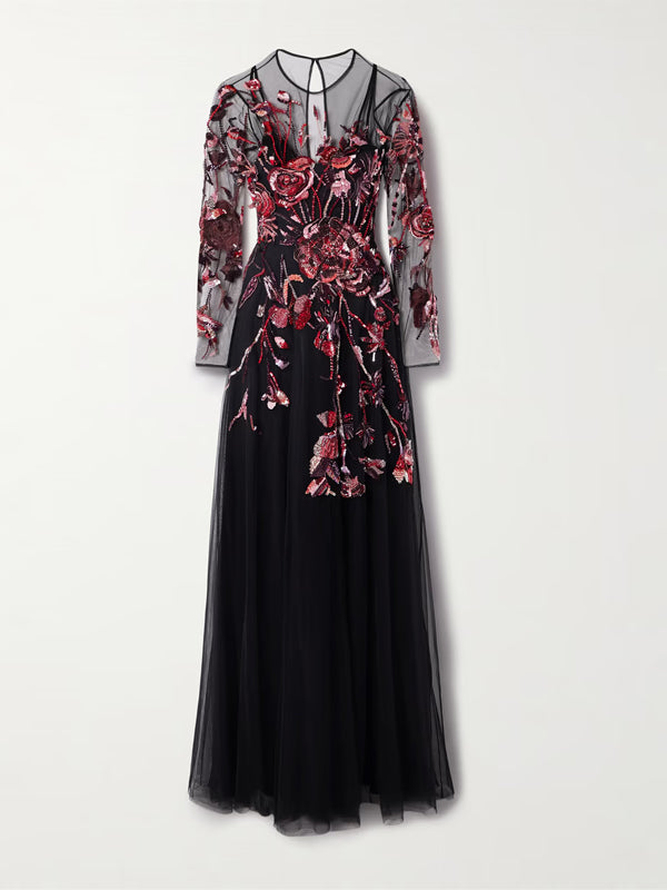 Round Neck Mesh Sequins Maxi Dress