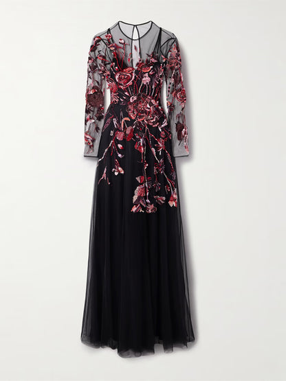 Round Neck Mesh Sequins Maxi Dress