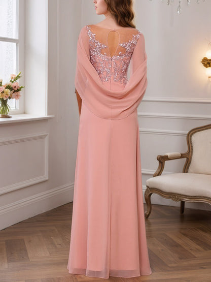 A-Line/Princess Illusion Scoop Appliques Ruched Mother of the Bride Dresses with Cape