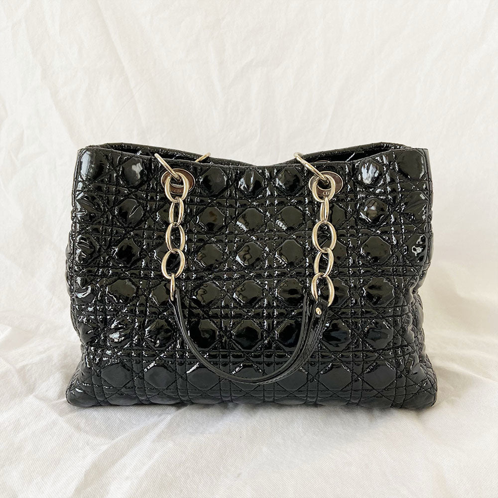 Dior Black Cannage Soft Patent Leather Lady Dior Shopper Tote
