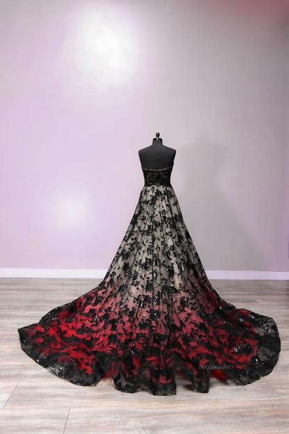 Black gorgeous exquisite red lace long tulle floor length trailing ball gown evening dress gh2216